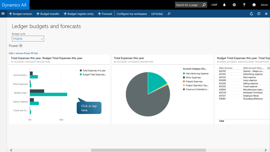 You can pin dashboards from Power BI straight into your Dynamics AX workspace